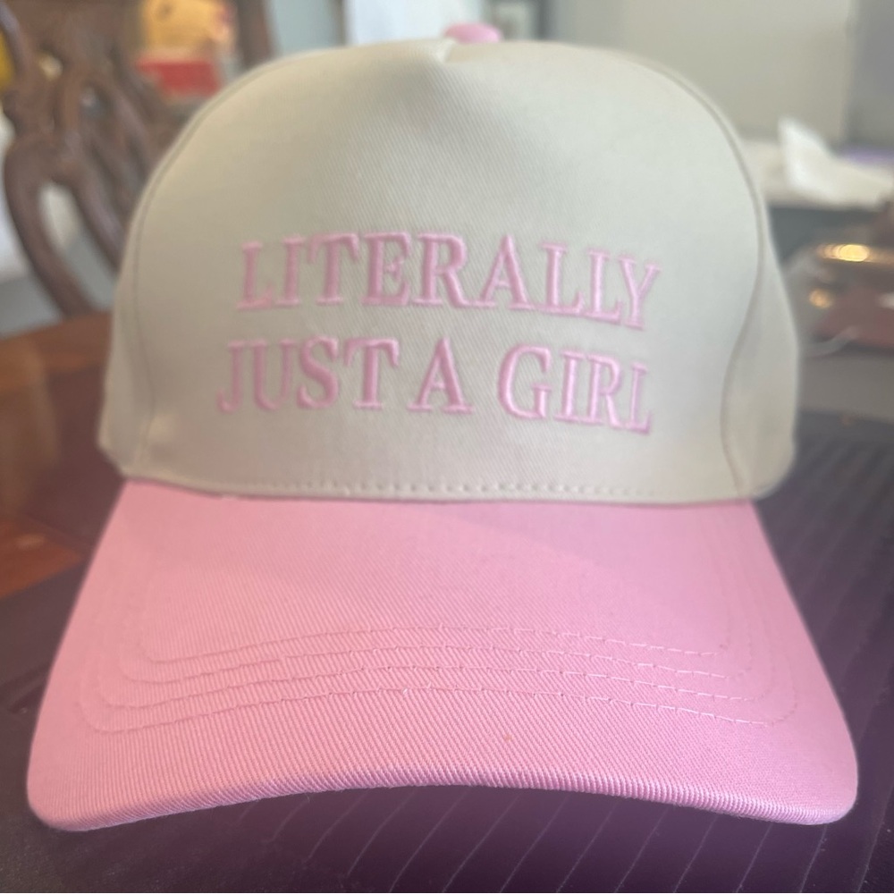 LITERALLY JUST A GIRL TWO TONE CANVAS TRUCKER CAP IIN PINK AND BEIGE NEW - Picture 5 of 7